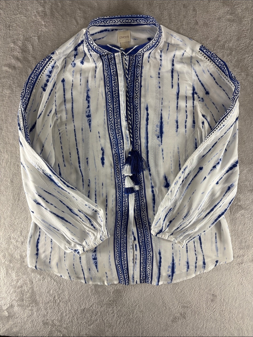 Chico's White Blue Modal Tassel Tie Boho Blouse Top